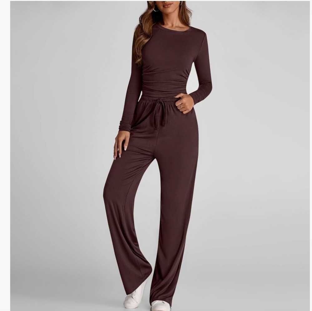 New 2 Pc Matching Lounge Set Wide Leg Pants A D Long Sleeve In Coffe Brown NWOT